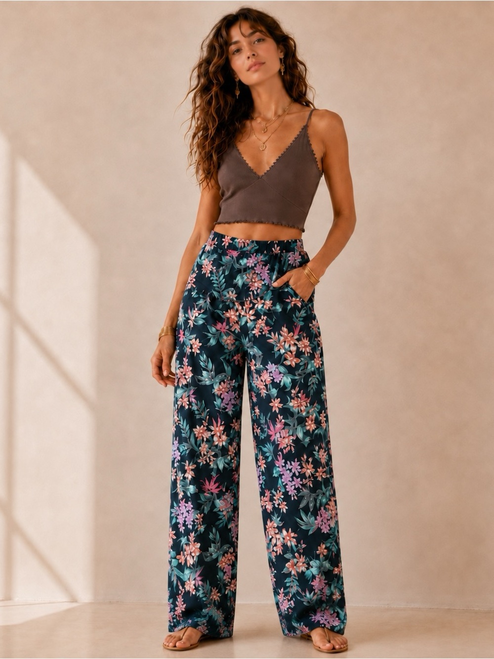 H&M Divided Size 10 Black Tropical Floral Pull-On Pants Pockets Elastic Waist